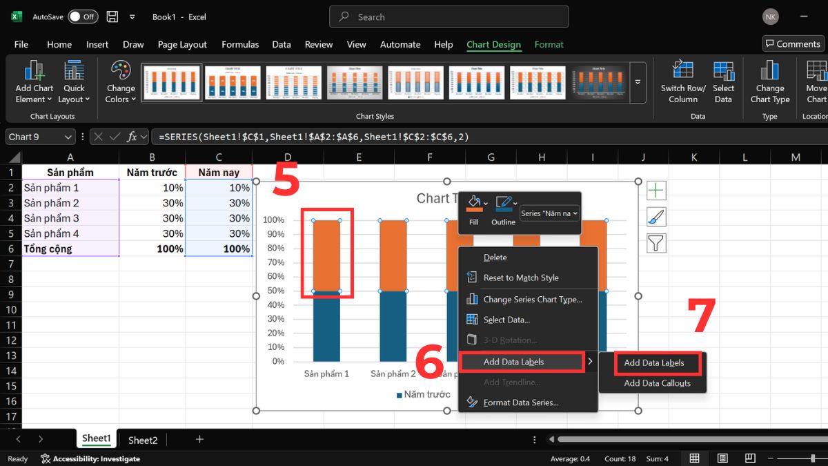 3 cách hiển thị phần trăm trên biểu đồ cột Excel dễ thực hiện 6