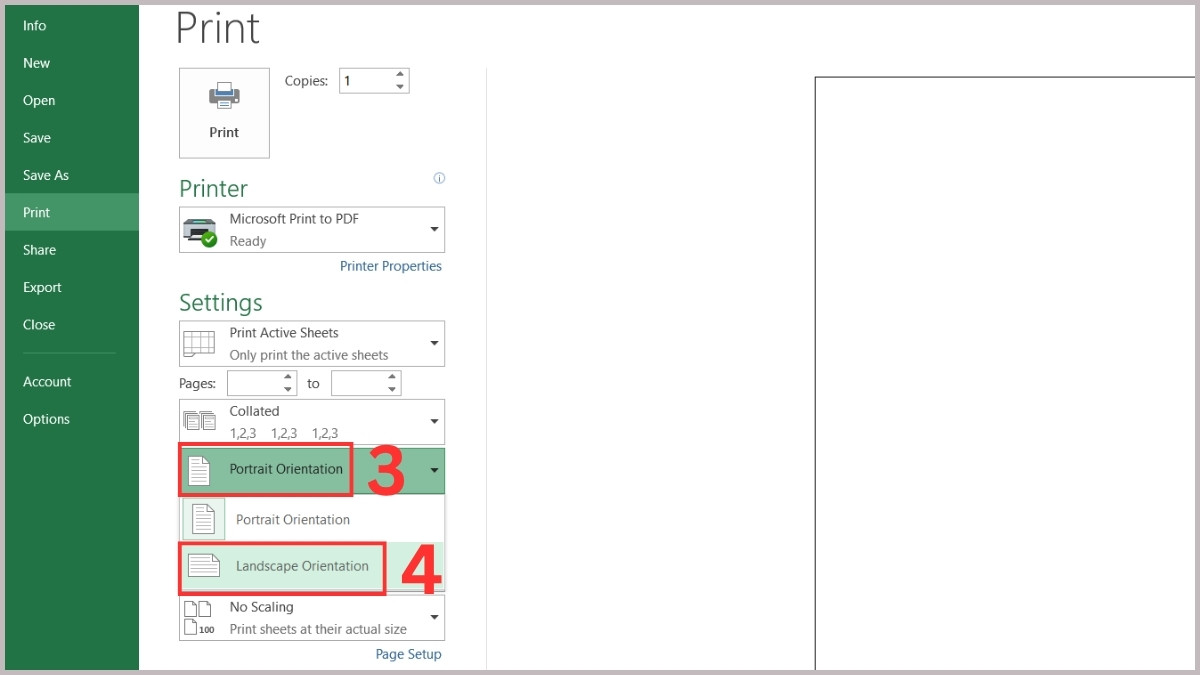 Thiết lập in ngang qua hộp thoại Print Setup 2