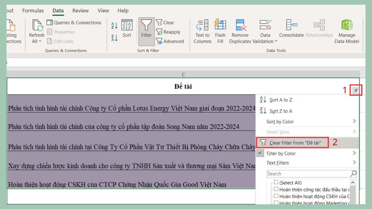 Cách xóa bộ lọc màu trong Excel 1