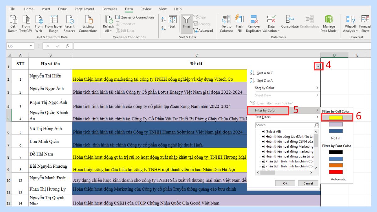 Hướng dẫn 4 cách lọc theo màu trong Excel phổ biến 2