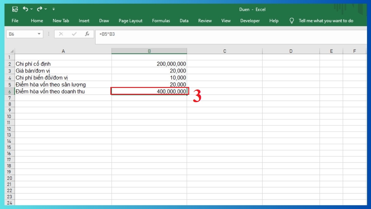 Ví dụ minh họa bài toán tính điểm hòa vốn bằng Excel 3