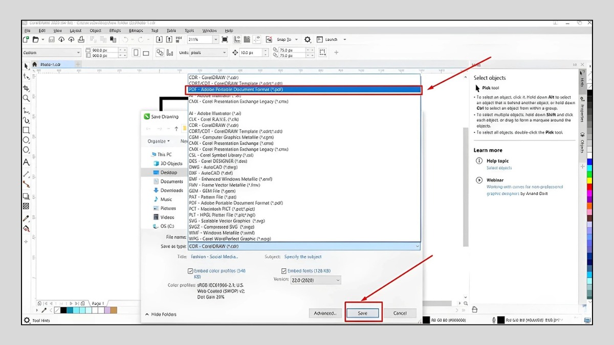 Chi tiết cách xuất file Corel sang PDF 1