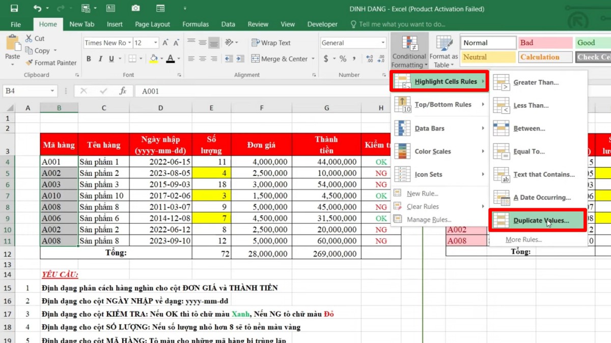Dùng Conditional Formatting để đánh dấu dữ liệu trùng trong Excel 2