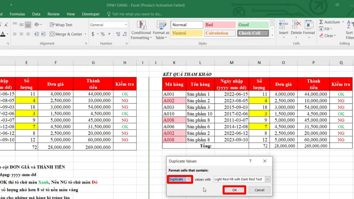 Dùng Conditional Formatting để đánh dấu dữ liệu trùng trong Excel 3