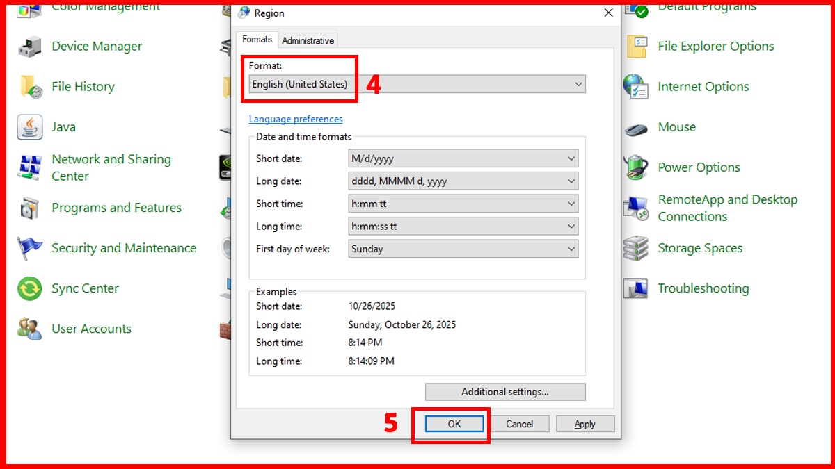 Lựa chọn vùng English để sửa lỗi đổi dấu 2