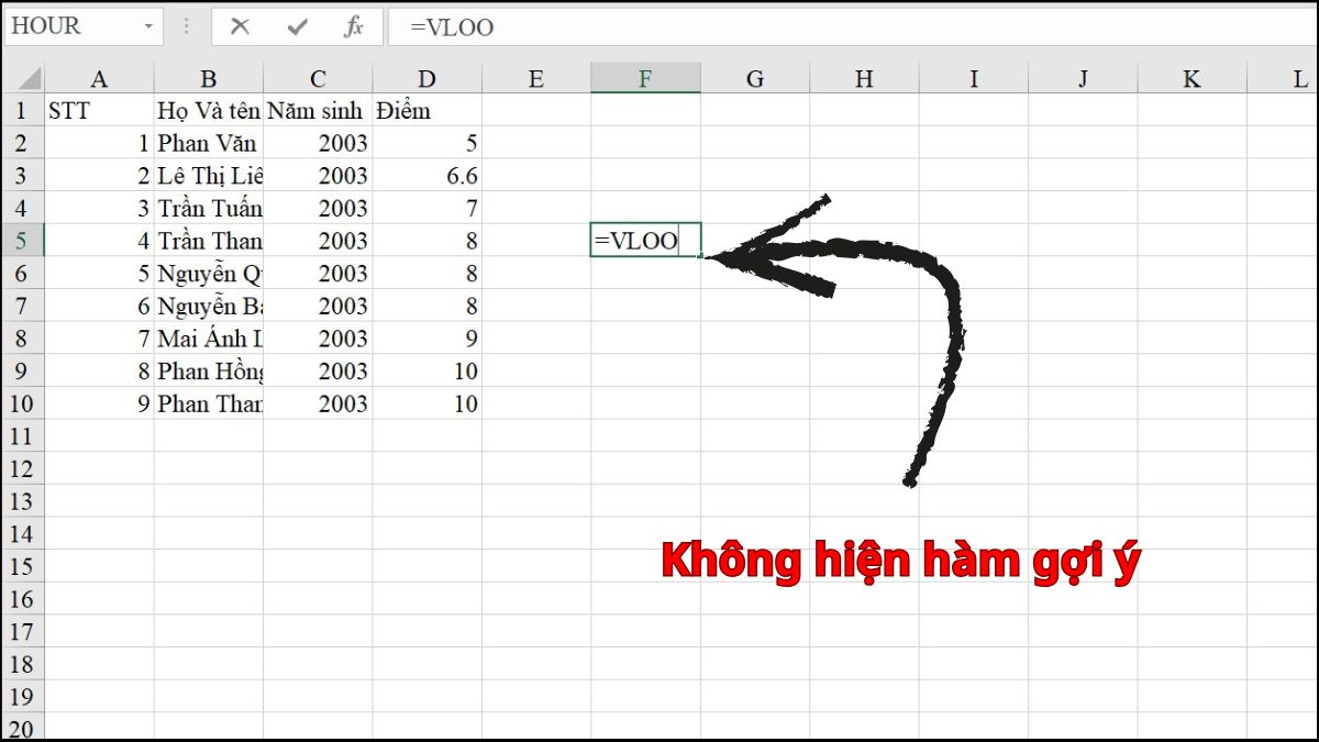 Nguyên nhân Excel không hiện gợi ý hàm