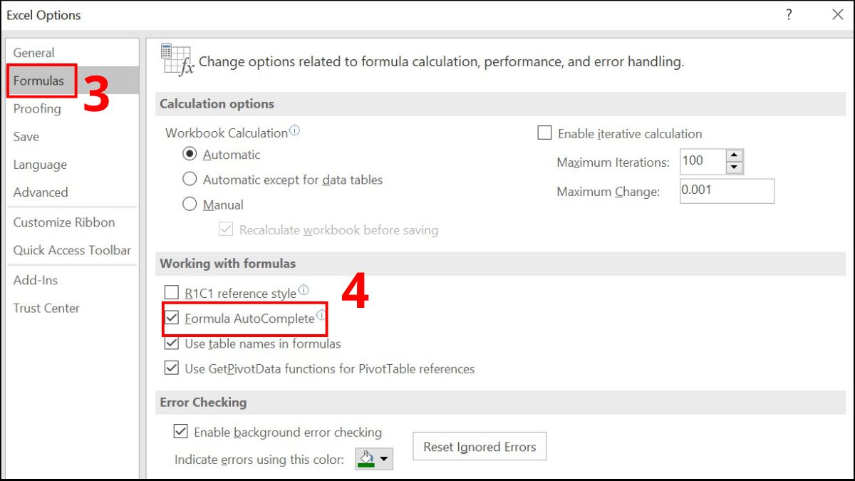 Cách khắc phục lỗi Excel không hiện hàm gợi ý 3