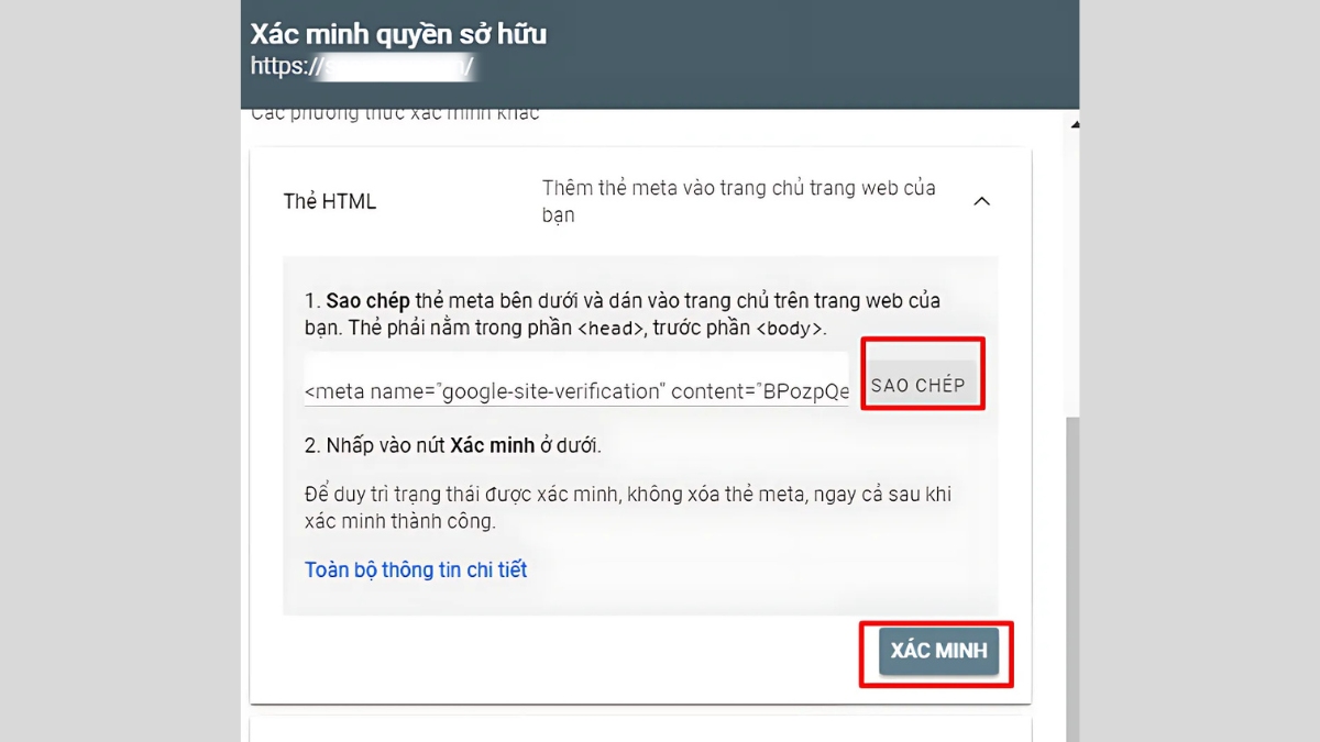 Xác minh Google Search Console thông qua thẻ HTML 1