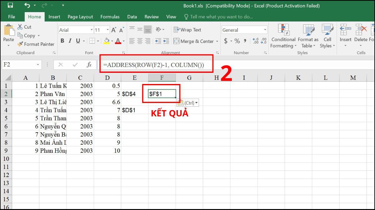 Ví dụ minh họa cách sử dụng hàm ADDRESS Excel 8