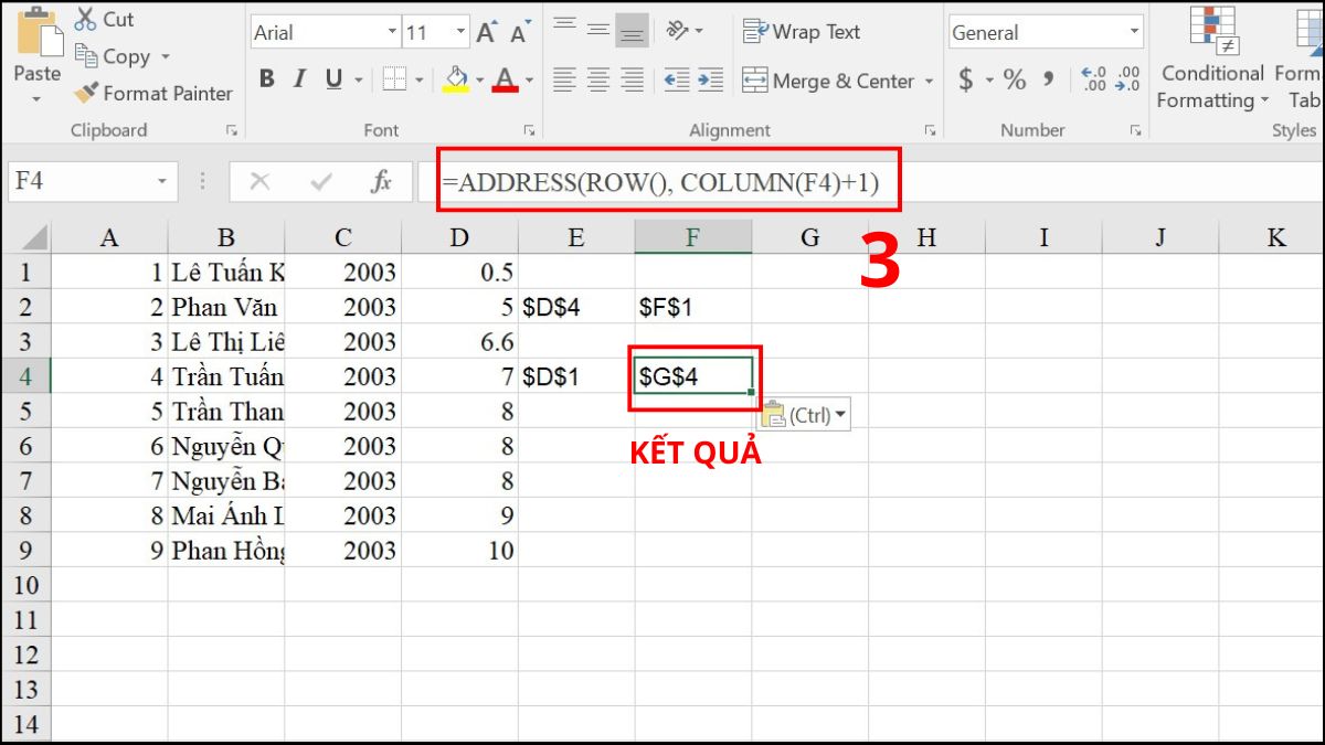 Ví dụ minh họa cách sử dụng hàm ADDRESS Excel 9