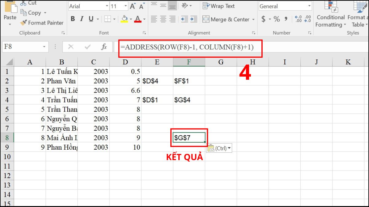 Ví dụ minh họa cách sử dụng hàm ADDRESS Excel 10
