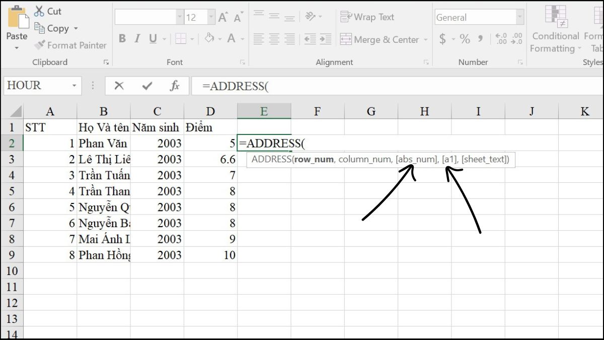 Các dạng tham chiếu được tạo bởi hàm ADDRESS