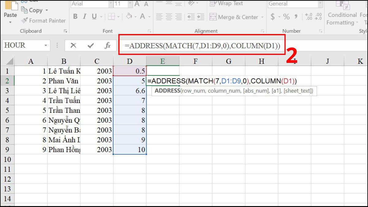 Ví dụ minh họa cách sử dụng hàm ADDRESS Excel 2