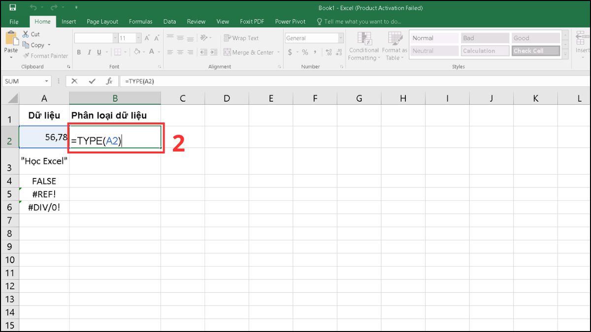 Hướng dẫn cách sử dụng hàm TYPE trong Excel 2