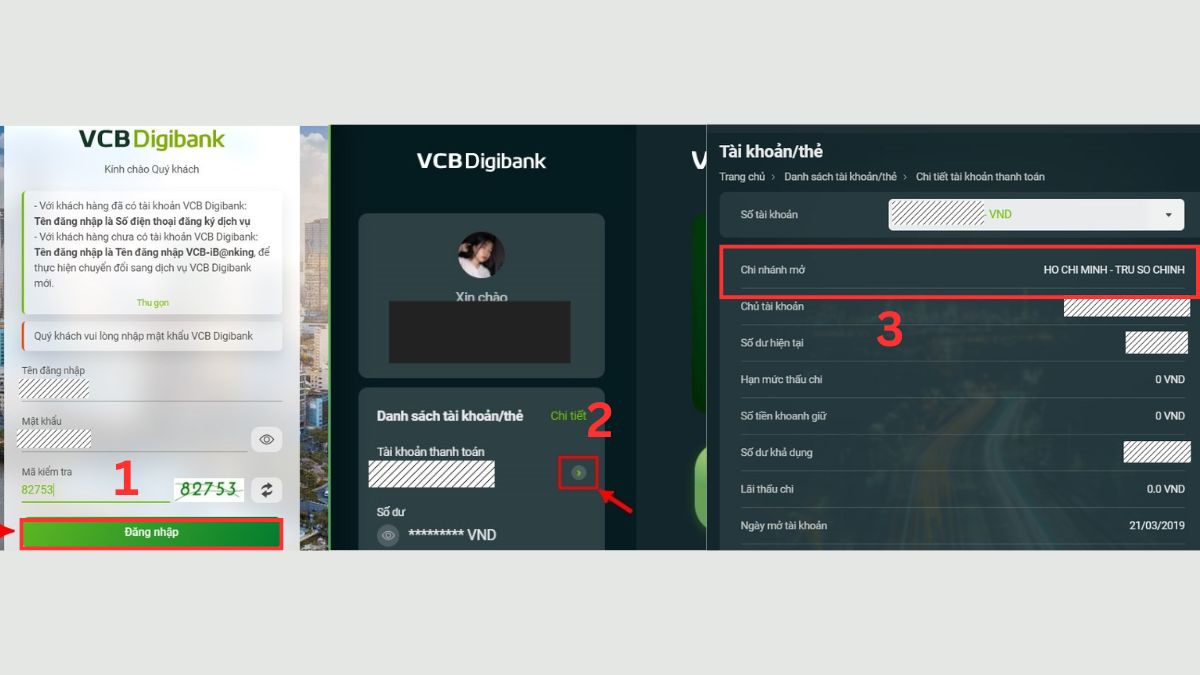 Kiểm tra chi nhánh ngân hàng Vietcombank qua Internet Banking 2