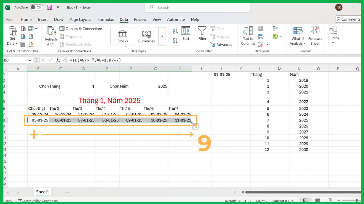 Tạo lịch thủ công bằng hàm trong Excel 6