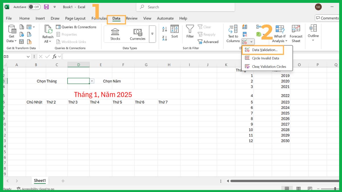 Tạo lịch thủ công bằng hàm trong Excel 1