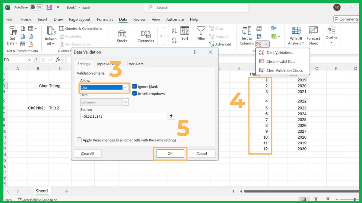 Tạo lịch thủ công bằng hàm trong Excel 2