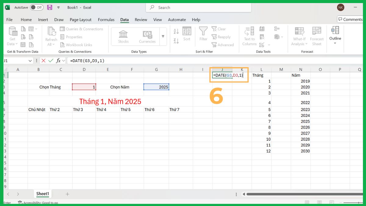 Tạo lịch thủ công bằng hàm trong Excel 3
