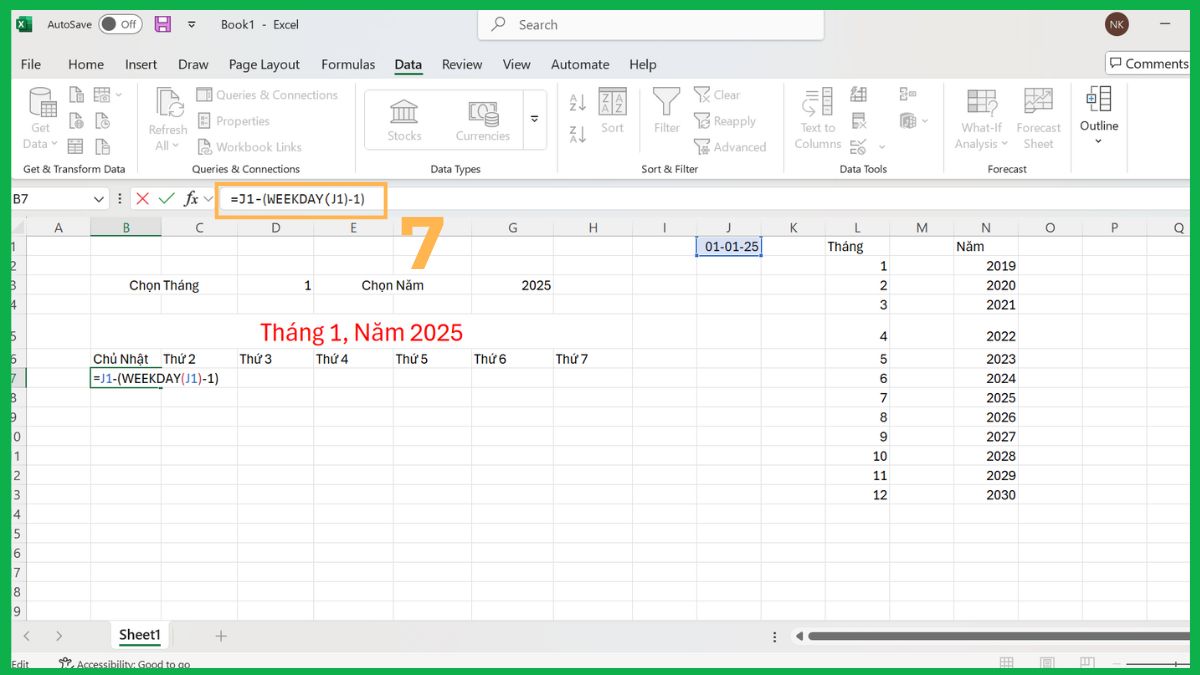 Tạo lịch thủ công bằng hàm trong Excel 4