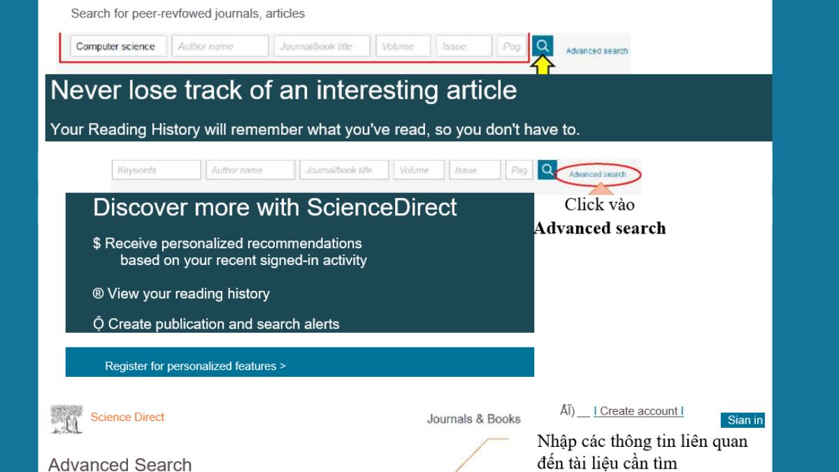 Sử dụng thanh tìm kiếm & tìm kiếm nâng cao của ScienceDirect