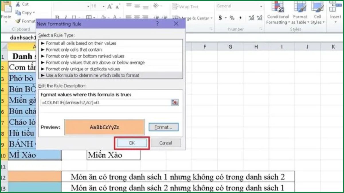 Sử dụng hàm COUNTIF so sánh 2 cột trong Excel 5