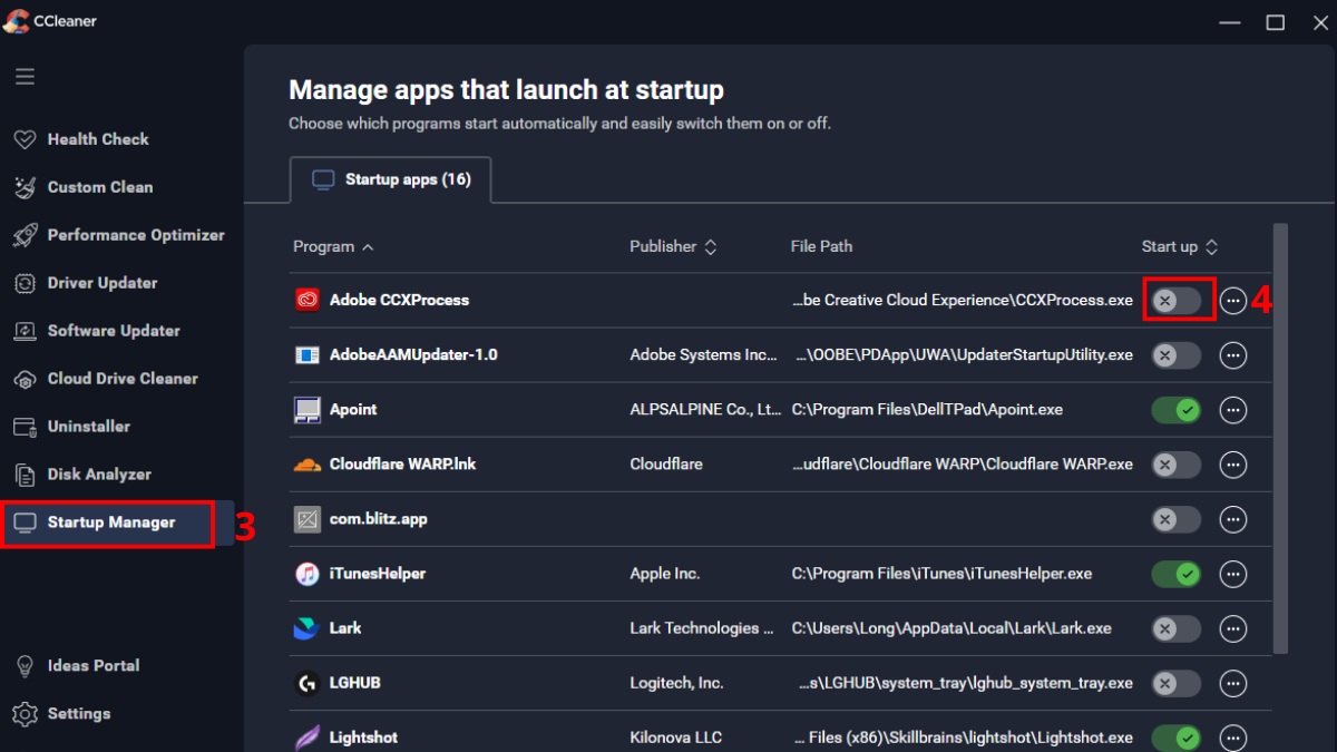 Cách tắt app chạy dưới nền win 11 với CCleaner 3