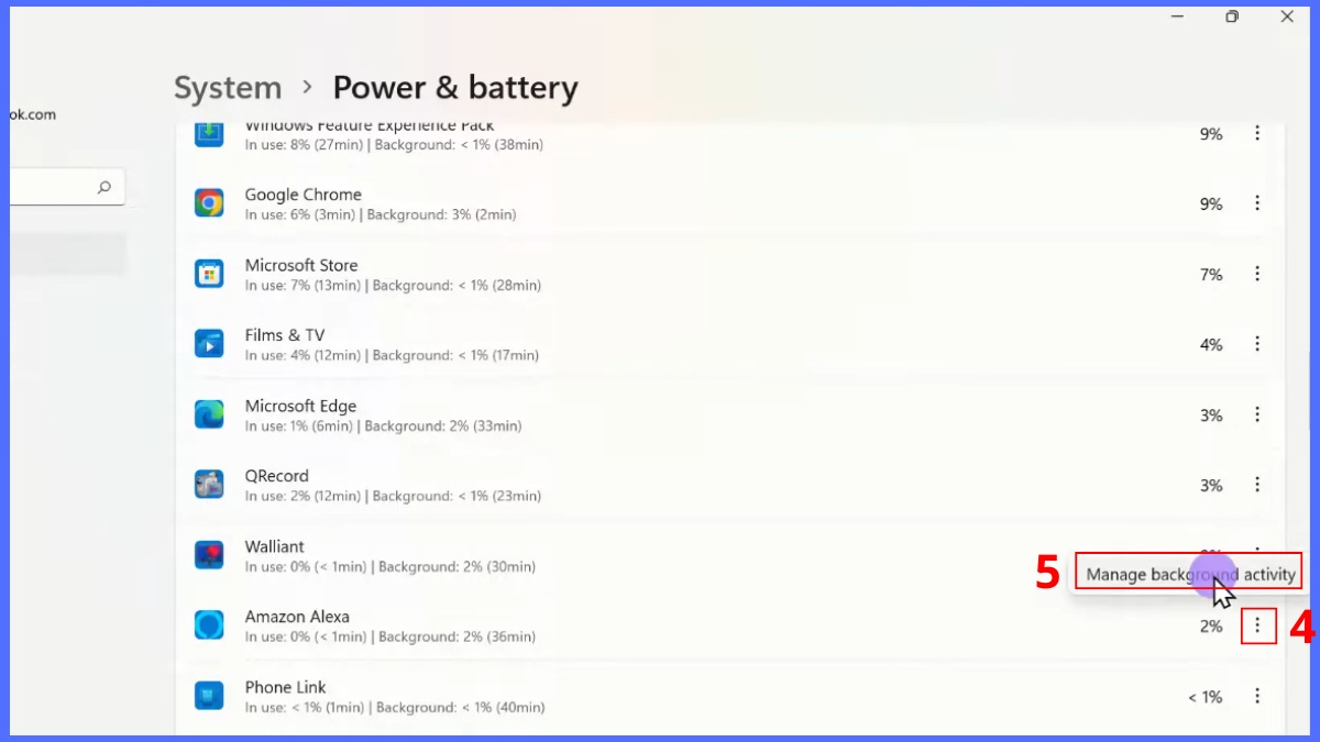 Tắt ứng dụng chạy ngầm Win 11 qua Power &Battery 4