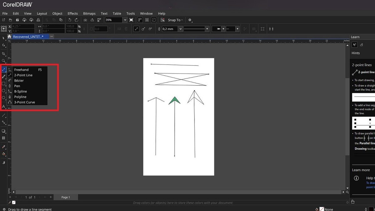Công cụ vẽ đường thẳng trong Corel