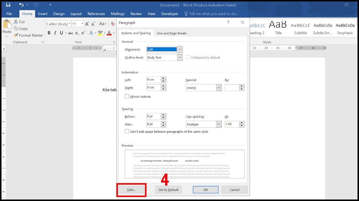 Xóa tất cả tab bằng hộp thoại Tabs 3