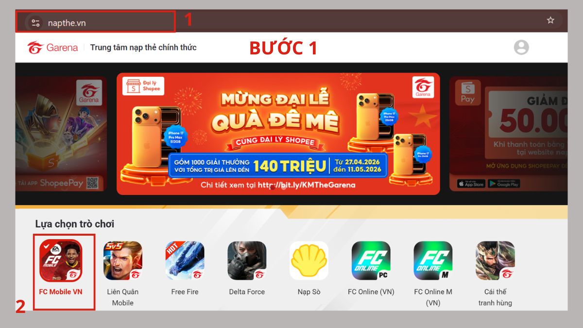 Hướng dẫn cách nạp FC Mobile bằng thẻ ngân hàng bước 1