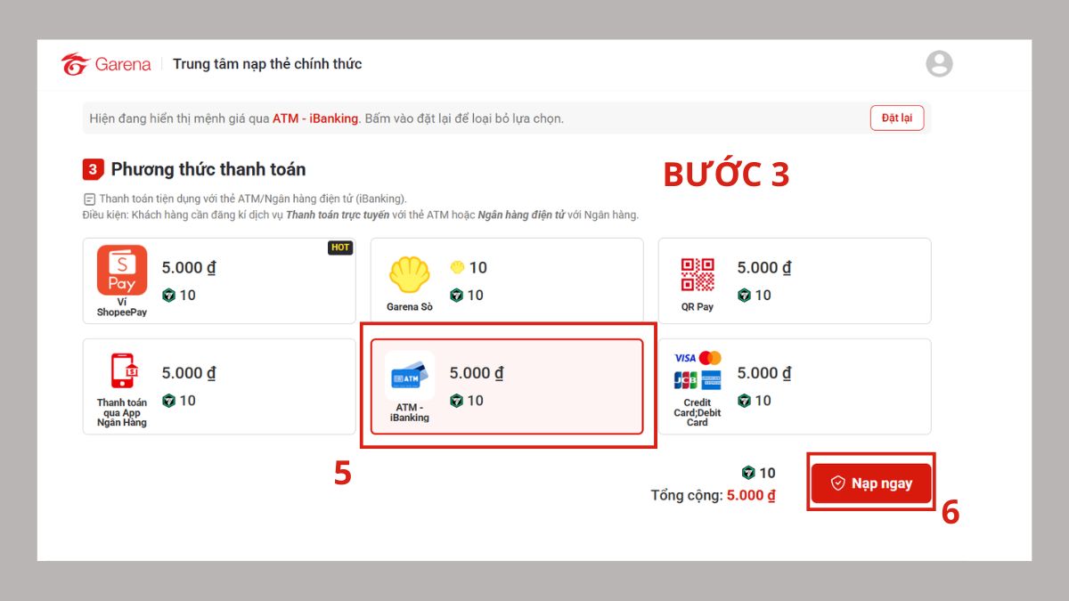 Hướng dẫn cách nạp FC Mobile bằng thẻ ngân hàng bước 3