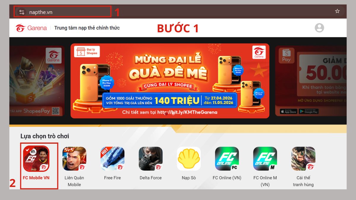 Hướng dẫn cách Nạp FC Mobile qua ví điện tử bước 1