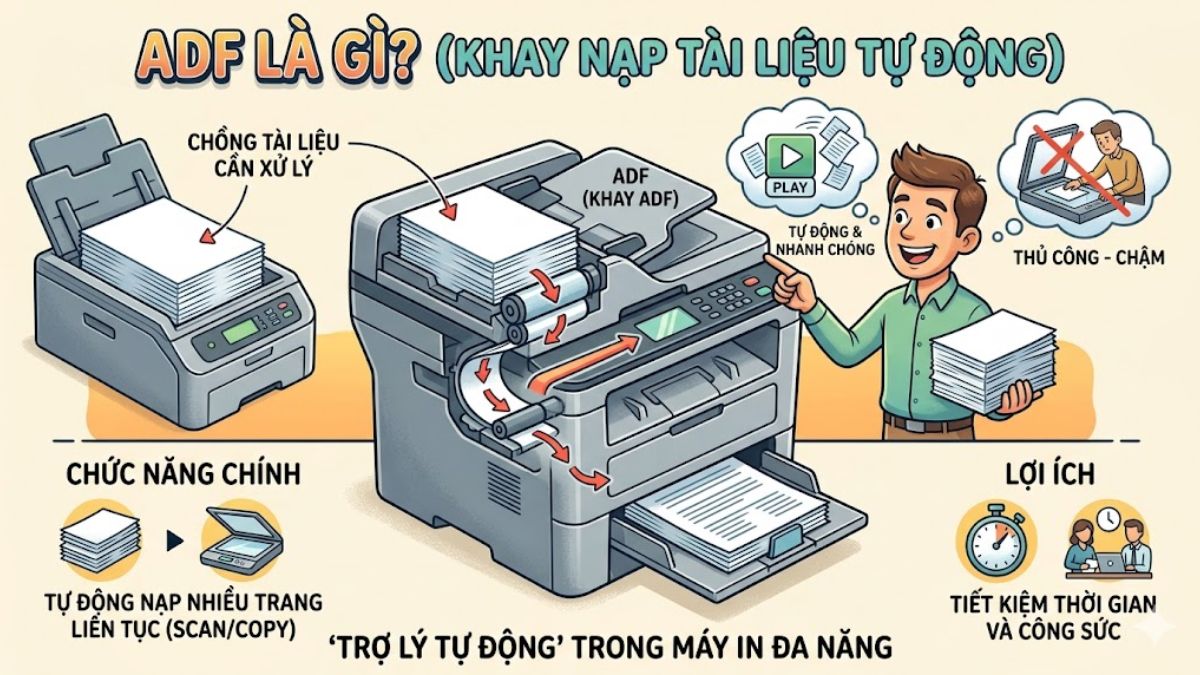 ADF (Automatic Document Feeder) là bộ phận tự động nạp tài liệu trong máy in hoặc máy scan