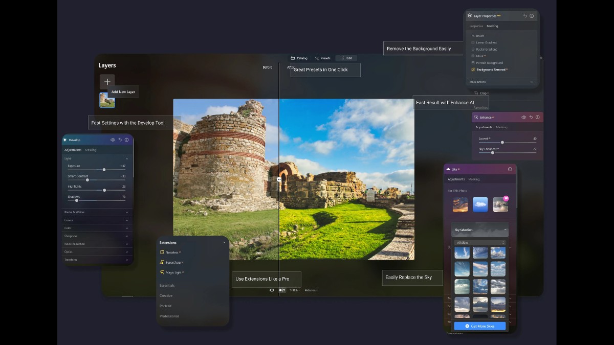 Luminar Neo mang giao diện hiện hiện đại trong khi Affinity Photo 2 có giao diện chuyên nghiệp