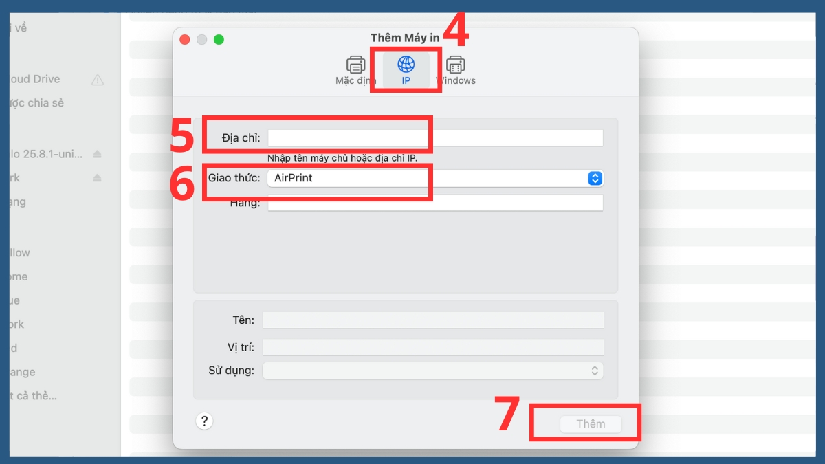 Thêm máy in AirPrint bằng địa chỉ IP bước 3