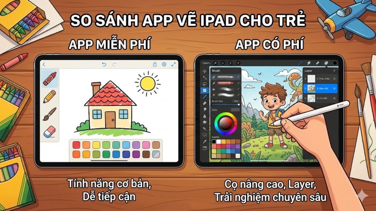 So sánh app vẽ miễn phí và có phí cho trẻ