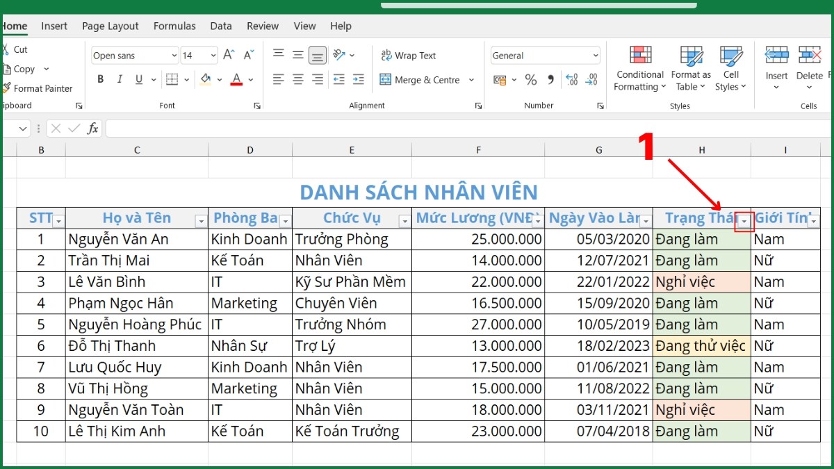 Cách sử dụng bộ lọc AutoFilter theo màu sắc bước 1