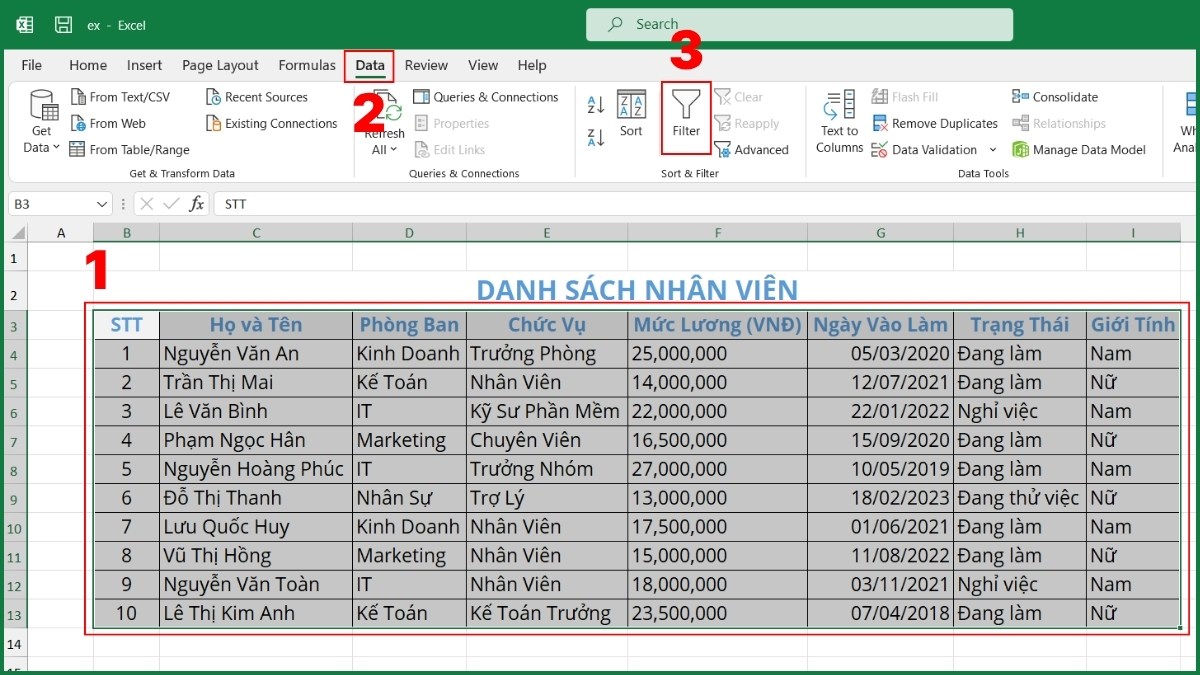 Cách lọc dữ liệu theo giá trị cụ thể bước 1