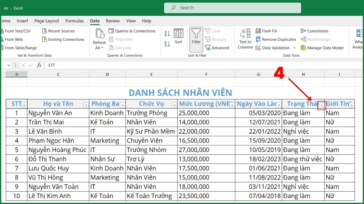 Cách lọc dữ liệu theo giá trị cụ thể bước 2