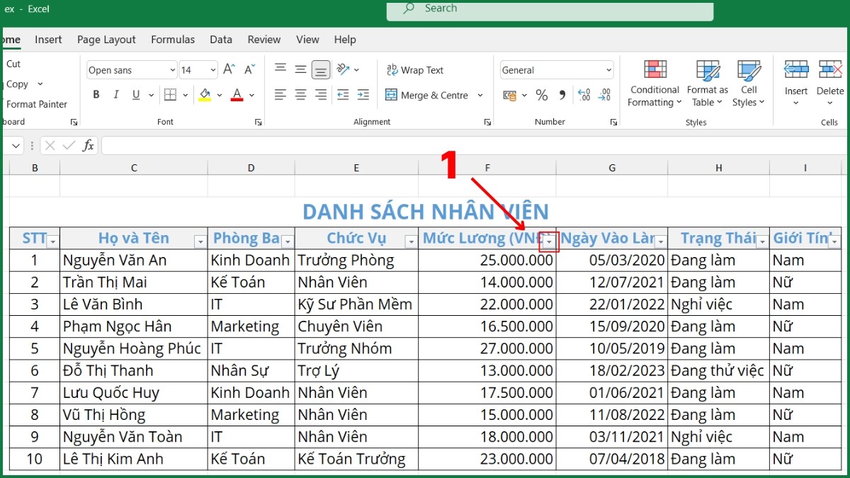 Cách lọc dữ liệu theo điều kiện số bước 1