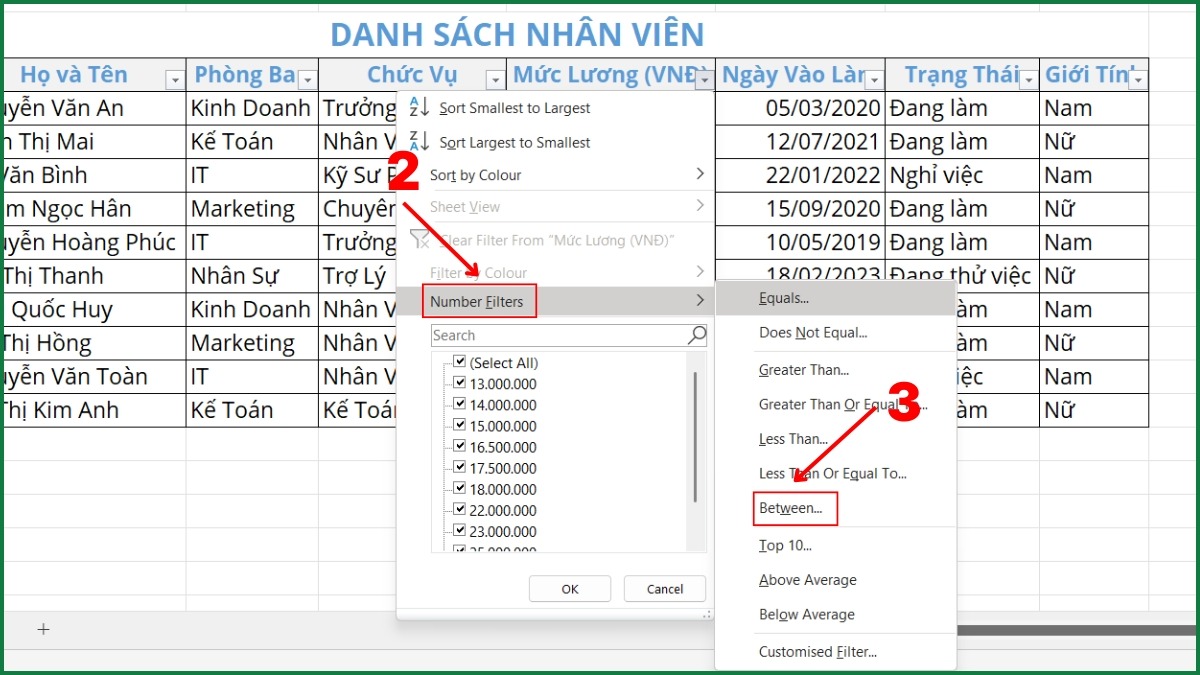 Cách lọc dữ liệu theo điều kiện số bước 2