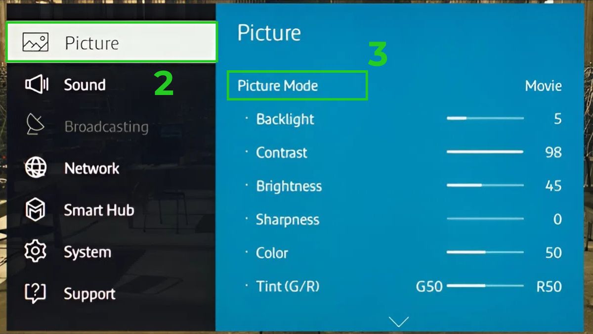 Kiểm tra lại phần cài đặt hình ảnh trên tivi và điều chỉnh tỷ lệ khung hình bước 2