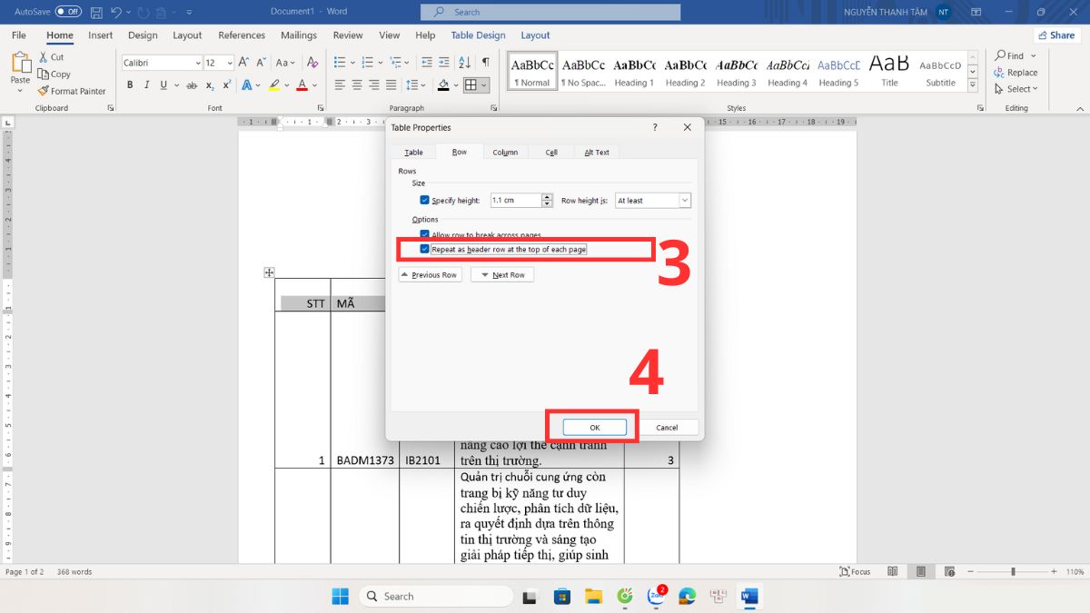 Cách sử dụng tùy chọn Repeat Header Rows bước 3