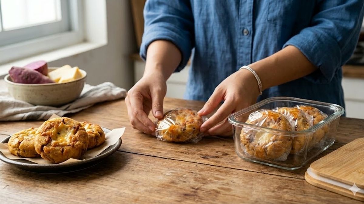 Cách bảo quản bánh khoai lang phô mai Nếu làm bánh khoai lang phô mai nồi chiên không dầu nhưng chưa ăn hết ngay, bạn cần bảo quản đúng cách theo hướng dẫn sau: Để nguội: Bánh nóng sẽ bốc hơi lên, bám vào túi hoặc hộp kín và làm mềm lớp vỏ giòn bên ngoài nên cần phải để nguội trước khi bảo quản.