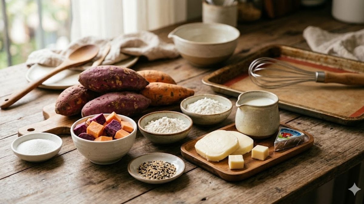 Nguyên liệu chính làm bánh khoai lang phô mai bằng nồi chiên không dầu