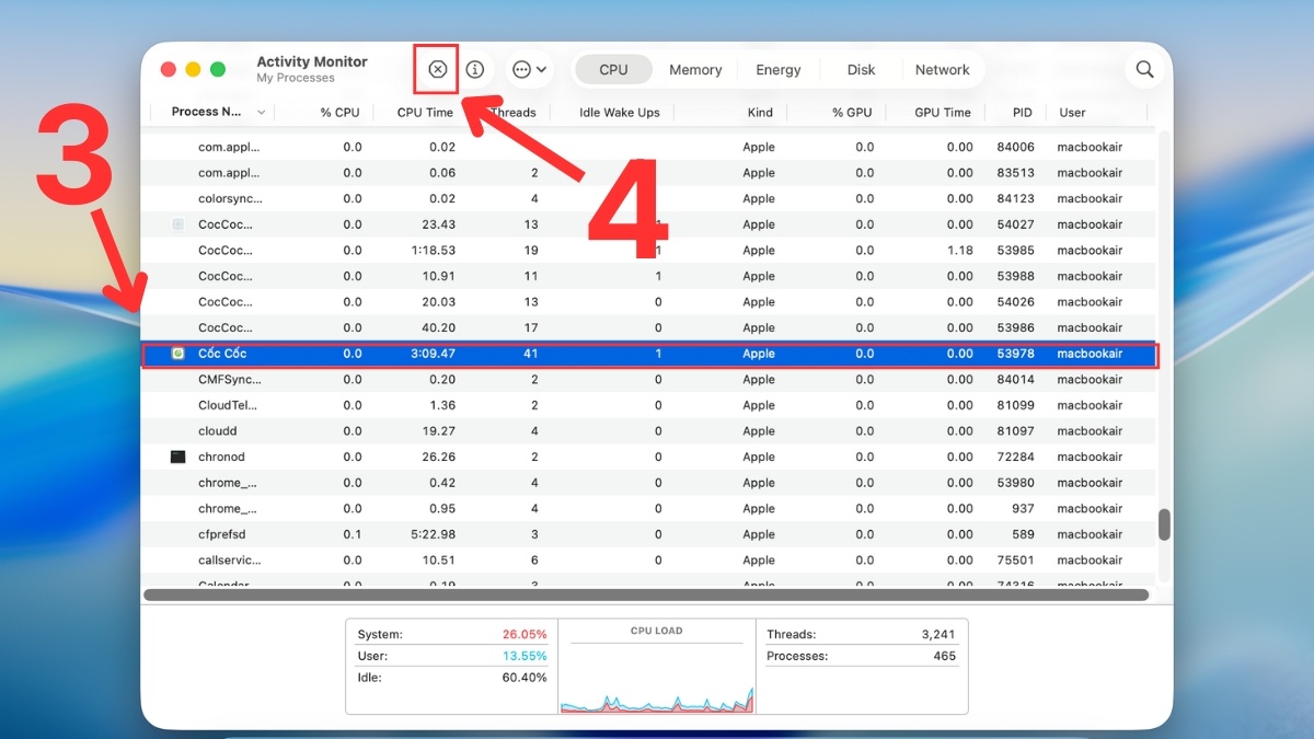 Buộc thoát ứng dụng qua Activity Monitor bước 2