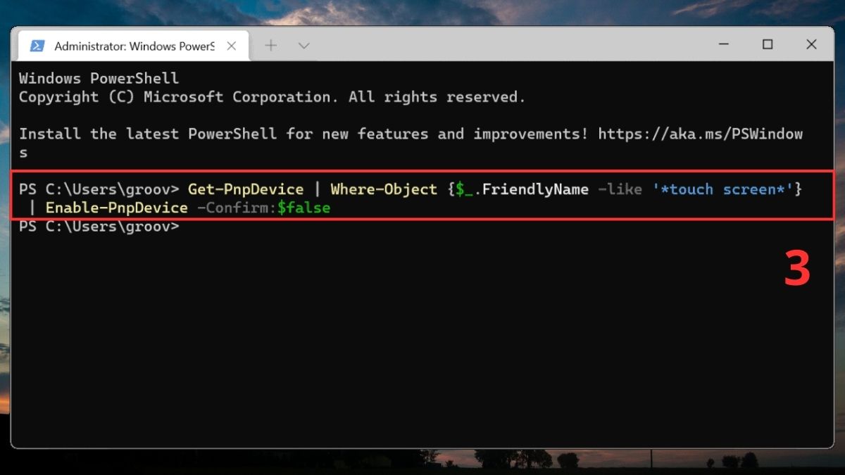 Tắt, bật cảm ứng laptop thông qua Terminal / PowerShell bước 3