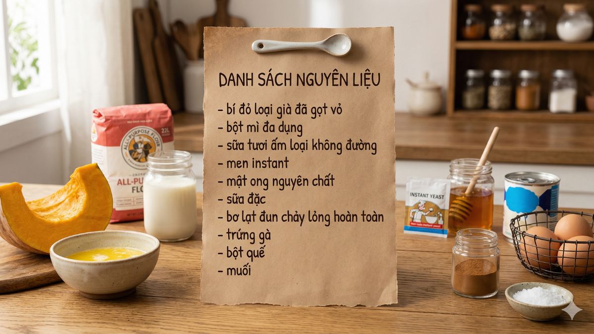 Nguyên liệu làm bánh bí đỏ cuộn len bằng nồi chiên không dầu