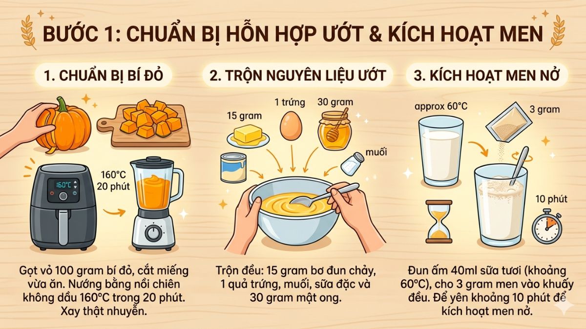 Cách nướng bánh bí đỏ cuộn len bằng nồi chiên không dầu bước 1